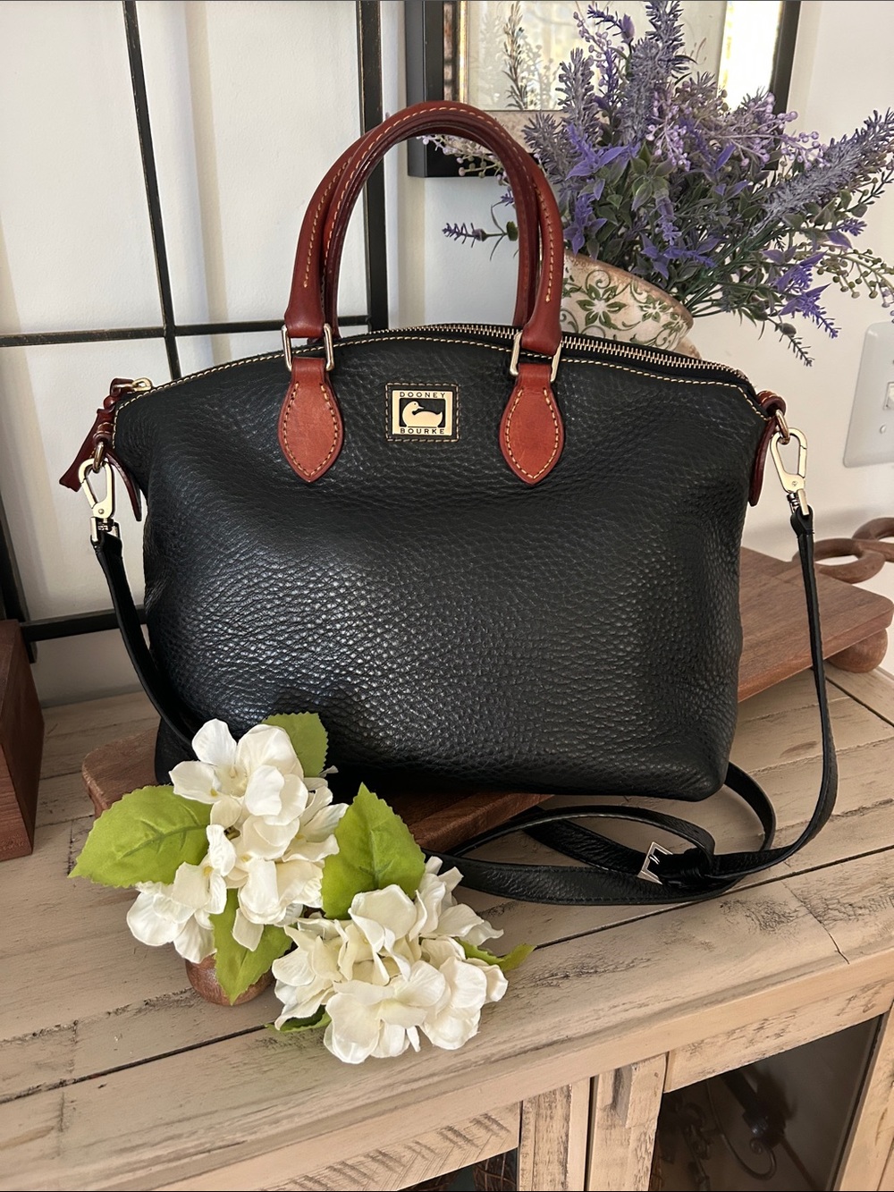 Dooney & Bourke Black Leather Satchel with Brown Handles